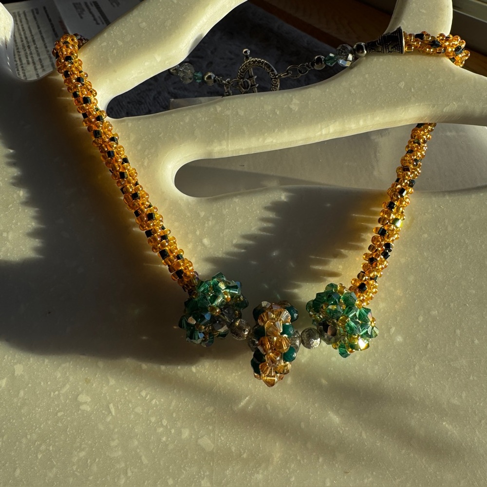 Hand Crafted Gold and Green Beaded Necklace